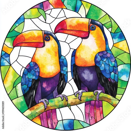 Brightly Colored Toucans in Stained Glass Art Style Design photo