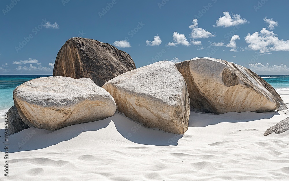 Photo of a white sandy beach with large rocks on the Cousin Island, Baie Granderive, Seychelles. Blue sky and turquoise sea in the background. Photo of a white sandy beach with large rocks on the Cousin Island, Baie Granderive, Seychelles. Blue sky and turquoise sea in the background.