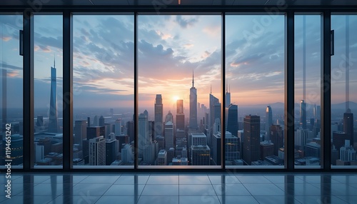 Sleek Realistic 8K Business-Themed Background Featuring High-Rise Office with Panoramic City Skyline at Sunrise and Minimalist Professional Workspace Generative AI