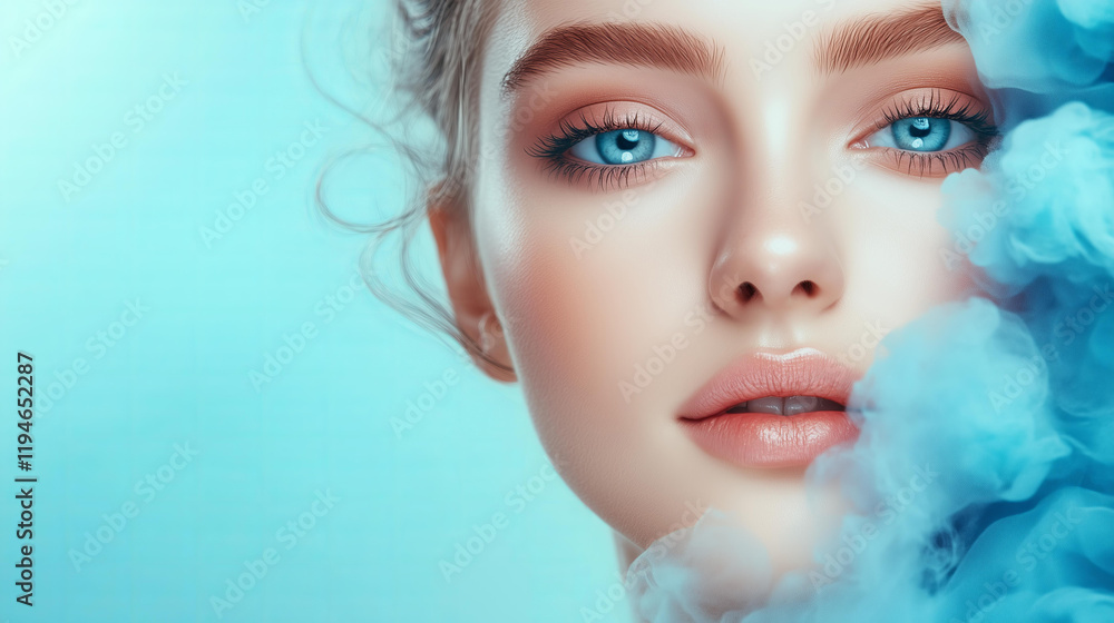 close-up of a woman with bright blue eyes, soft peach makeup, flawless skin, natural beauty concept, ethereal blue mist background, modern fashion portrait, elegance and minimalism, beauty photography close-up of a woman with bright blue eyes, soft peach makeup, flawless skin, natural beauty concept, ethereal blue mist background, modern fashion portrait, elegance and minimalism, beauty photography