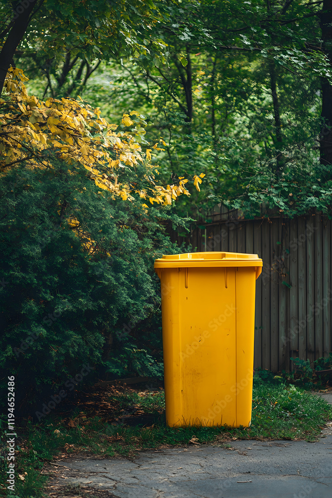 Yellow Bin Stands in Green Park Setting Yellow Bin Stands in Green Park Setting