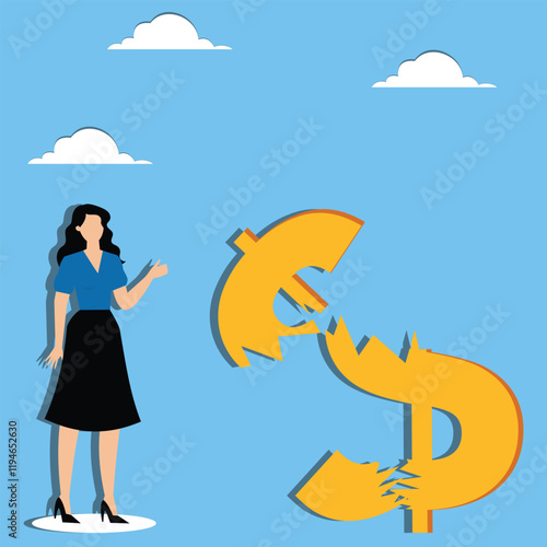 Money problems, economic problems, business risks or crises, businesswomen standing around broken dollars and contemplating
