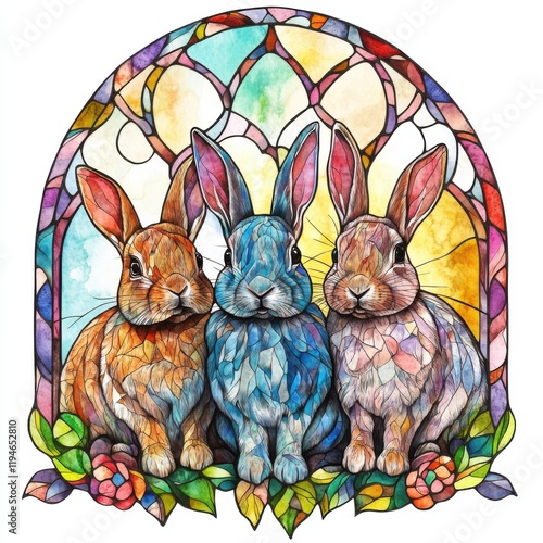 Charming Watercolor Stained Glass Style Rabbits Artwork photo