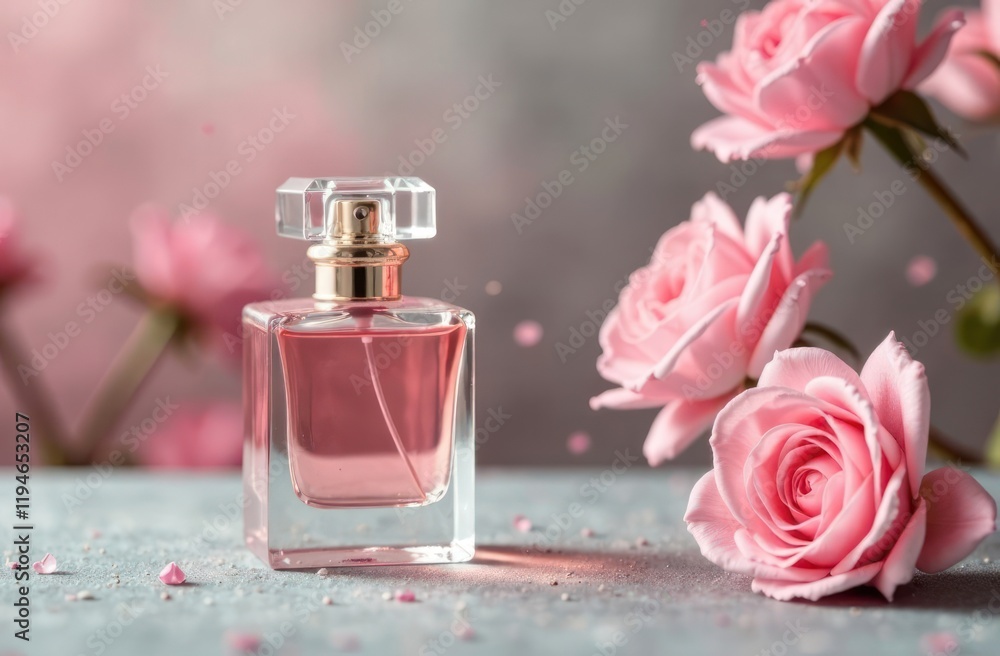 elegant perfume bottle on grey table with dreamy floral background, soft and romantic ambiance. Concept of beauty, fragrance store, luxury lifestyle. elegant perfume bottle on grey table with dreamy floral background, soft and romantic ambiance. Concept of beauty, fragrance store, luxury lifestyle.