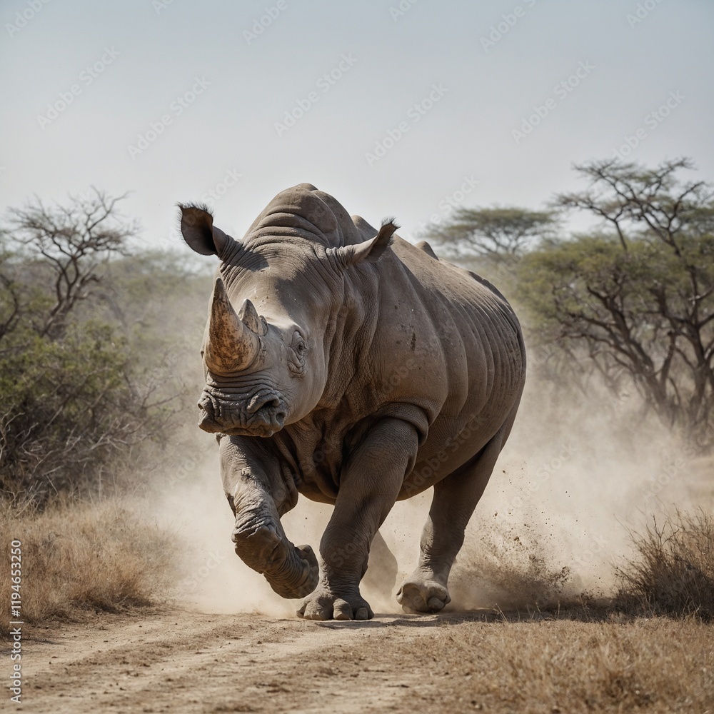 Fototapeta premium A rhino running forward on a white background.