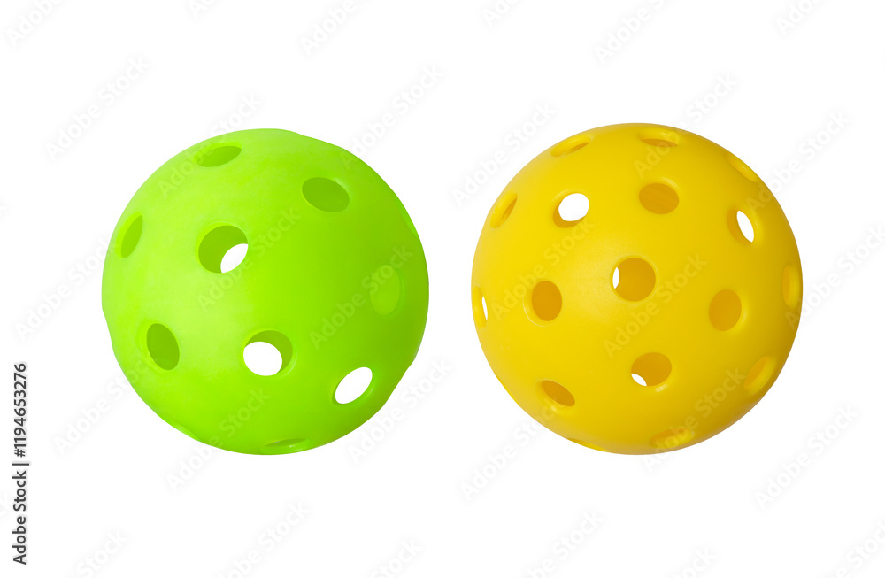 Bright green and yellow pickleballs, isolated on a white background.