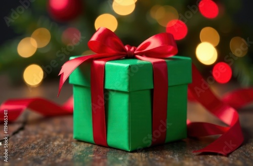 Wallpaper Mural Green gift with satin red ribbon on background with bokeh lights. Christmas. Birthday. Happy woman's day. Mothers Day. Valentine's Day. Front view. Torontodigital.ca