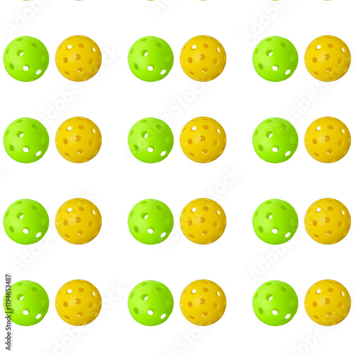 Pattern two green and yellow pickleballs isolated on a white background.