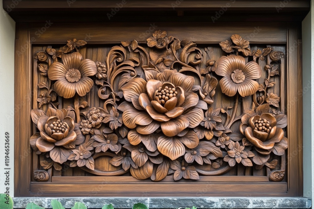 Showcasing dramatic floral elements, this wood carving emanates classic elegance and sophisticated craft, highlighting both tradition and the artisan's skillful execution. Showcasing dramatic floral elements, this wood carving emanates classic elegance and sophisticated craft, highlighting both tradition and the artisan's skillful execution.