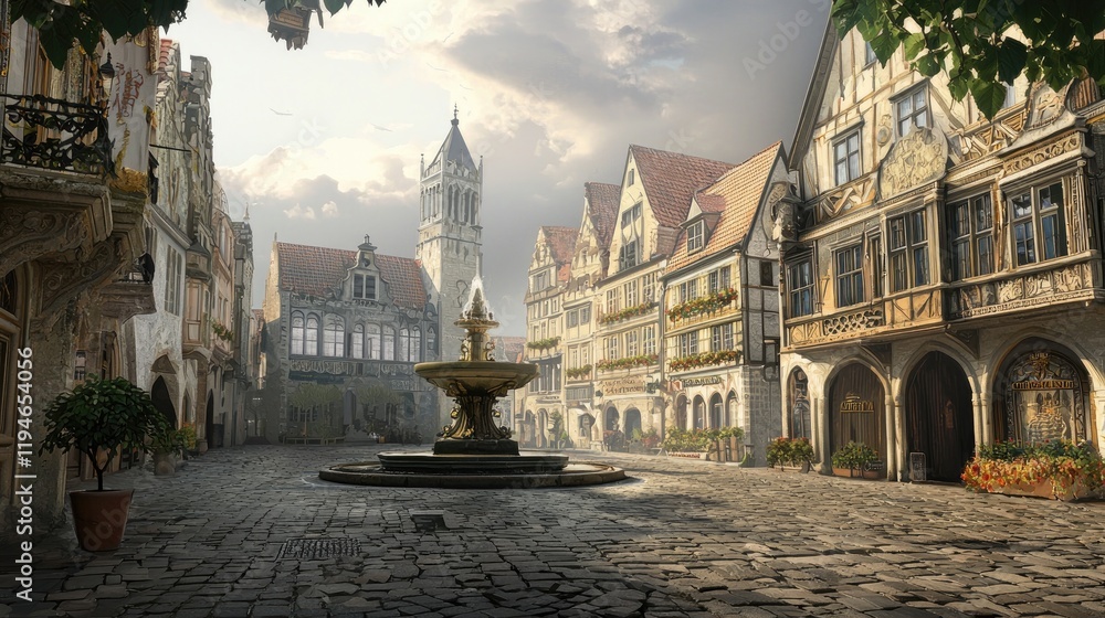 Medieval European Town Square, A Serene Morning