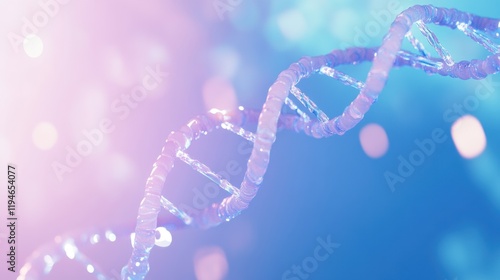 Fototapeta Naklejka Na Ścianę i Meble -  Dynamic and colorful 3D render of a double helix DNA structure glowing against a bokeh blue backdrop depicting the essence of life and genetics