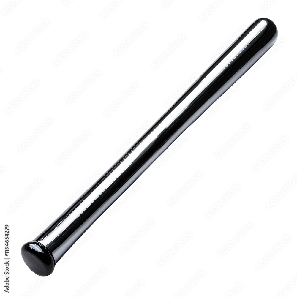 A highly polished chrome baton is shown against a plain black background the image highlights its sleek cylindrical form. A highly polished chrome baton is shown against a plain black background the image highlights its sleek cylindrical form.