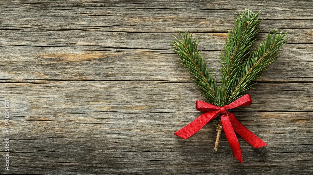 Rustic Christmas Background with Evergreen Branches and Red Bow Rustic Christmas Background with Evergreen Branches and Red Bow