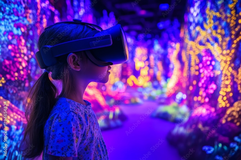Immersed in a glowing virtual reality environment, a young girl explores a digital realm filled with luminescent flora, embracing the wonders of technology.
