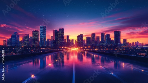 Vibrant Sunset Cityscape with Reflective Water Road and Skyscrapers Under a Colorful Sky at Dusk, Enveloping Urban Landscape in Exquisite Twilight Colors
