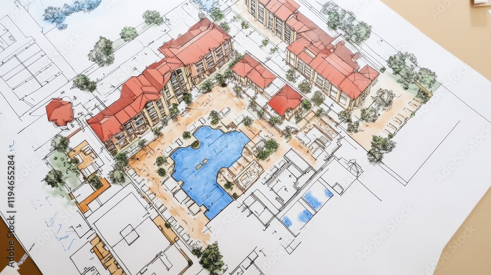Architectural Design Sketch of a Resort Complex with Pool and Landscaping