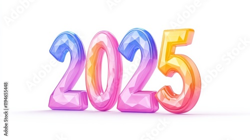 Colorful representation of the year 2025, featuring vibrant, glossy numbers in pink, blue, and orange hues against a clean background.