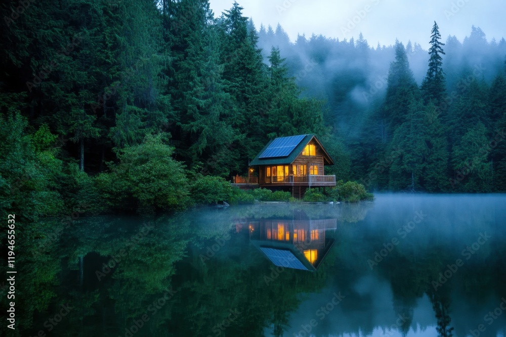Obraz premium Serene Lakeside Cabin Retreat: A Misty Evening in the Forest