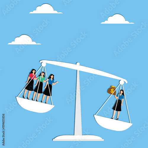 One person has more wealth than the others, the gap between the rich and the poor, the unfairness, the weight of one merchant on the seesaw holding a bag of money is greater than that of the remaining