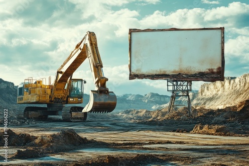 A large orange excavator is parked in front of a white sign
