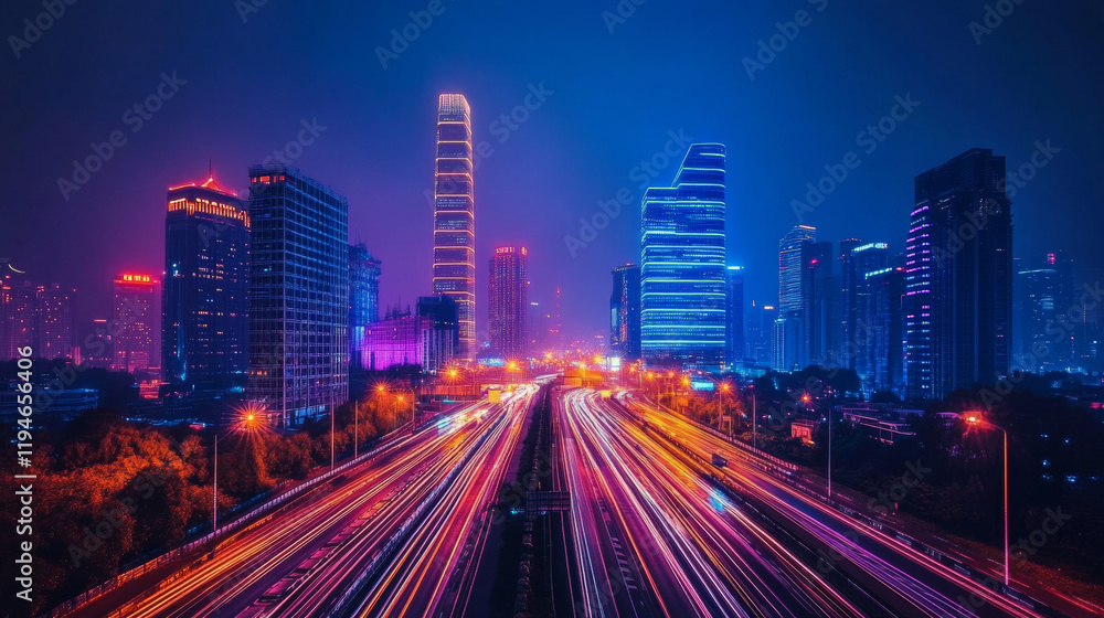 Fototapeta premium Road leads to futuristic night city with unusual fantastic multistorey buildings with neon lights. Cartoon vector landscape of future cyber high technology downtown with empty highway and streetlights