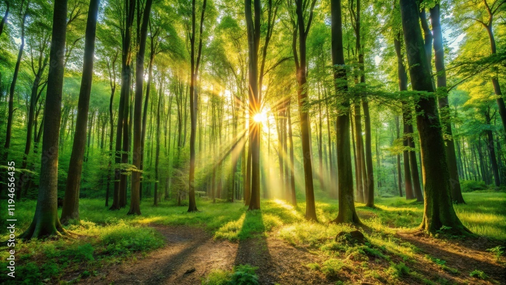 Obraz premium Sunbeams illuminating a verdant forest path at dawn