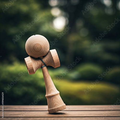 a wooden kendama toy with the ball mid-air, captured in motion with a blurred background of a Japanese garden.