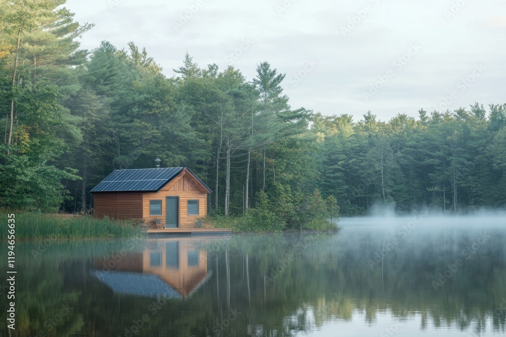 Fototapeta premium Solar Powered Cabin by Misty Lake at Sunrise
