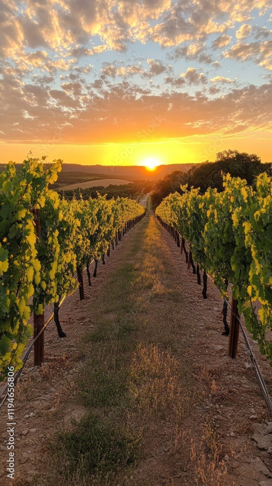 Fototapeta premium Beneath a vibrant sky, grapevines radiate with a golden hue as the sun sets over the vineyard, inviting peaceful reflections and celebration of nature’s bounty
