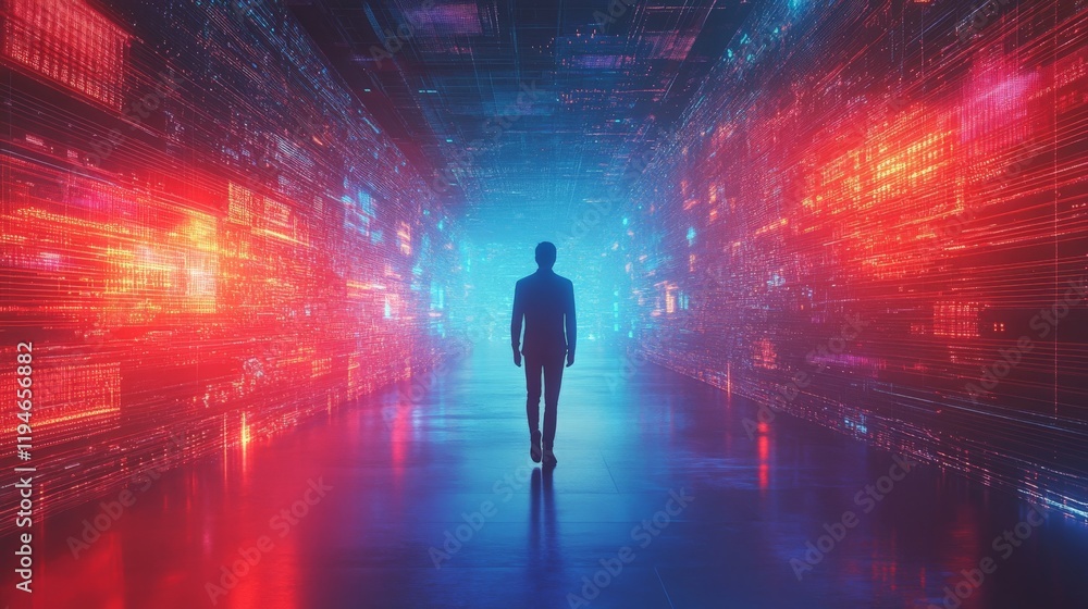 A Solitary Figure Walking Towards a Vivid Data Stream in a Futuristic Digital Environment with Colorful Lights and a Sense of Adventure and Possibility A Solitary Figure Walking Towards a Vivid Data Stream in a Futuristic Digital Environment with Colorful Lights and a Sense of Adventure and Possibility