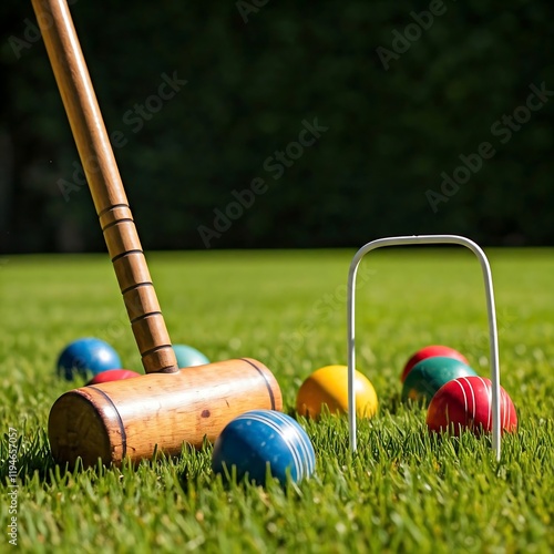 A  croquet equipment, showcasing a leisurely outdoor game, croquet, mallet, hoop, colorful balls, sunny garden, recreation, activity, travel, vibrant, retro, dynamic, foc