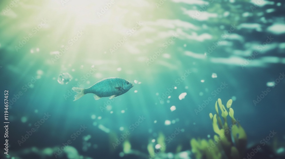 Fototapeta premium Fish swim through murky water filled with plastic waste, highlighting the impact of pollution on marine life in the ocean's depths