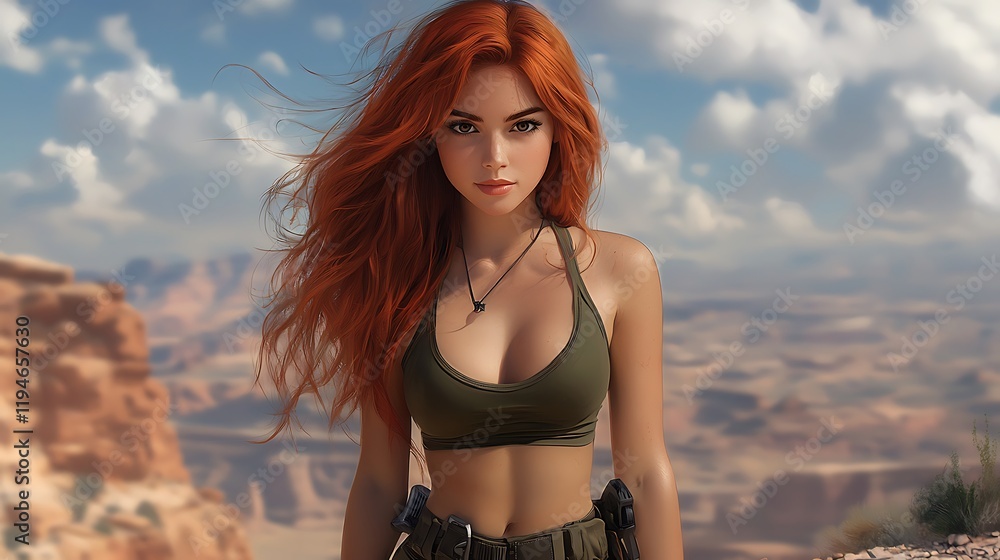 A dynamic shot of Kim Possible, with athletic red hair styled in loose waves, standing confidently on a rocky hilltop overlooking a desert. She holds a grappling hook launcher, wearing olive-green A dynamic shot of Kim Possible, with athletic red hair styled in loose waves, standing confidently on a rocky hilltop overlooking a desert. She holds a grappling hook launcher, wearing olive-green