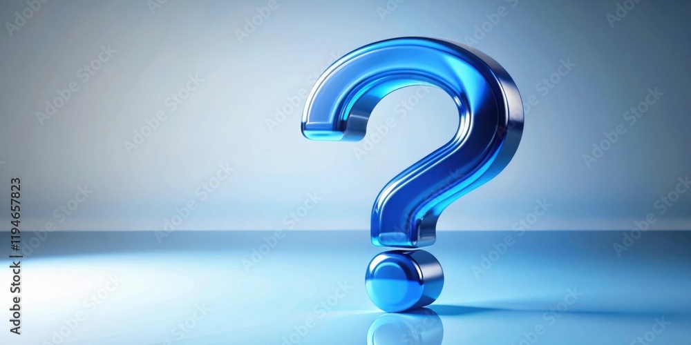 A Polished Blue Question Mark Reflecting on a Smooth Surface, Symbolizing Inquiry and Uncertainty A Polished Blue Question Mark Reflecting on a Smooth Surface, Symbolizing Inquiry and Uncertainty