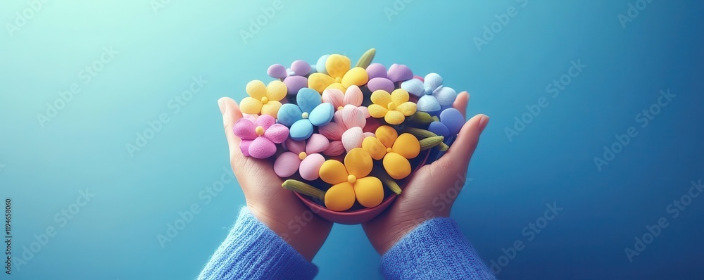 Hands Holding Colorful Easter Candy Bowl Hands Holding Colorful Easter Candy Bowl
