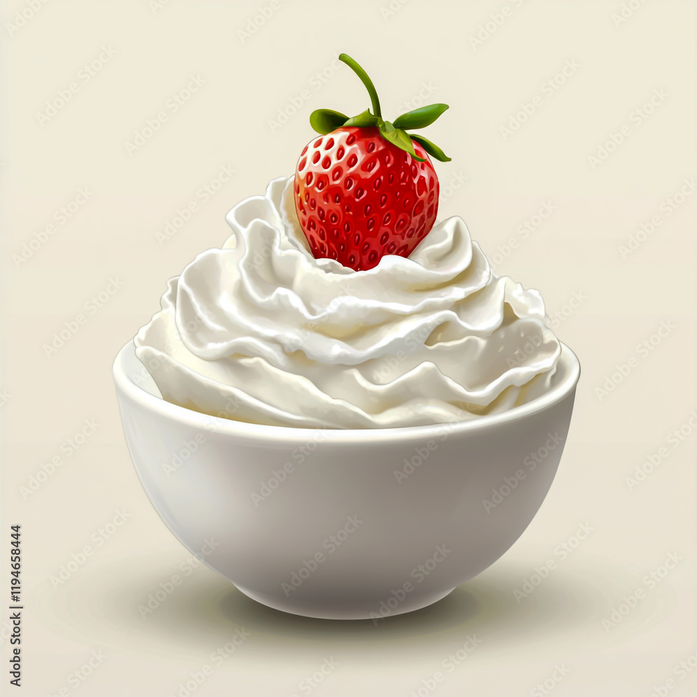 Creamy white whipped cream in a bowl with a single strawberry on top, clipart style pure and isolated on plain background, Creamy white whipped cream in a bowl with a single strawberry on top, clipart style pure and isolated on plain background,