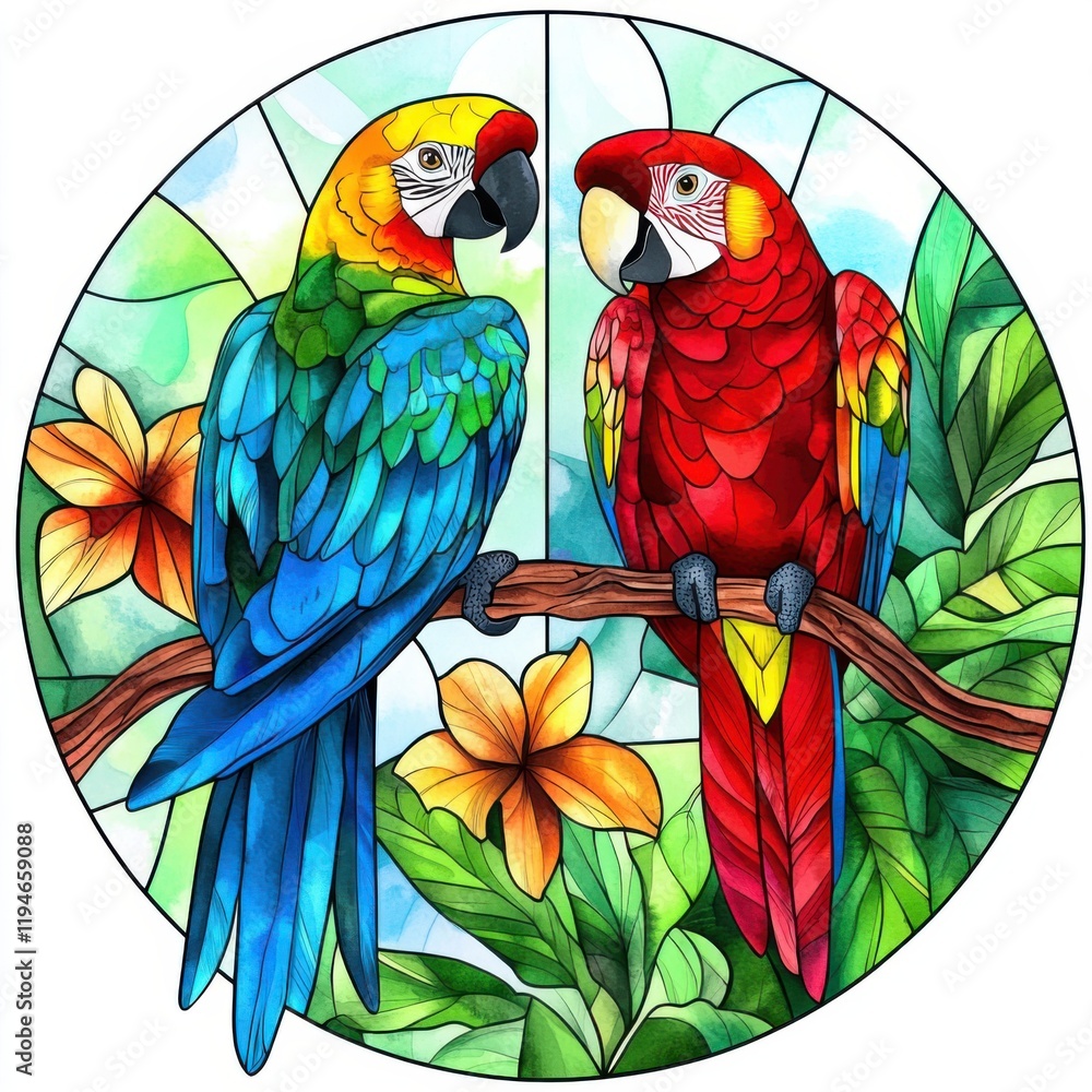 Obraz premium Colorful Exotic Parrots in Stained Glass Watercolor Style Artwork