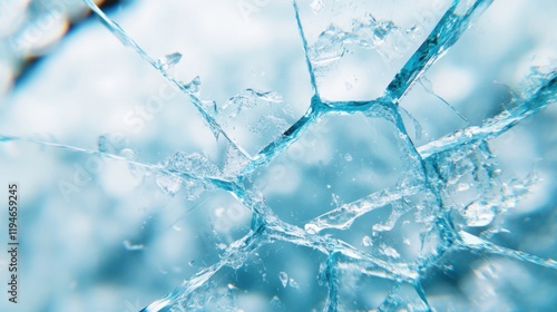 Detailed close up of shattered glass reveals complex patterns created by impact, showcasing the beauty in destruction and fragmentation