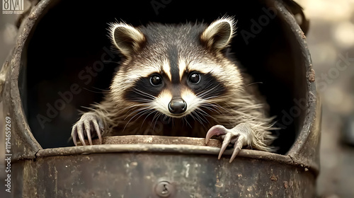 Curious raccoon peering from a rusty metal container.  Closeup shot showcasing detailed fur and expressive eyes. Perfect for wildlife, nature, or animalthemed projects needing a captivating image. photo