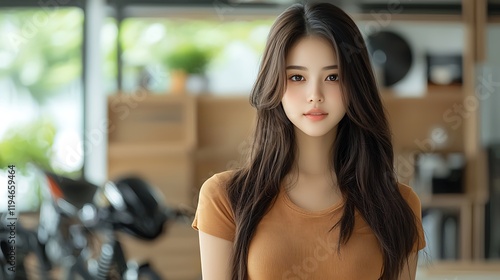 20-year-old Asian girl standing 170cm tall in a modern Airbnb space, wearing a relaxed outfit of t-shirt and jeans. Framed on the right, looking through a window with clear details of the stylish  photo