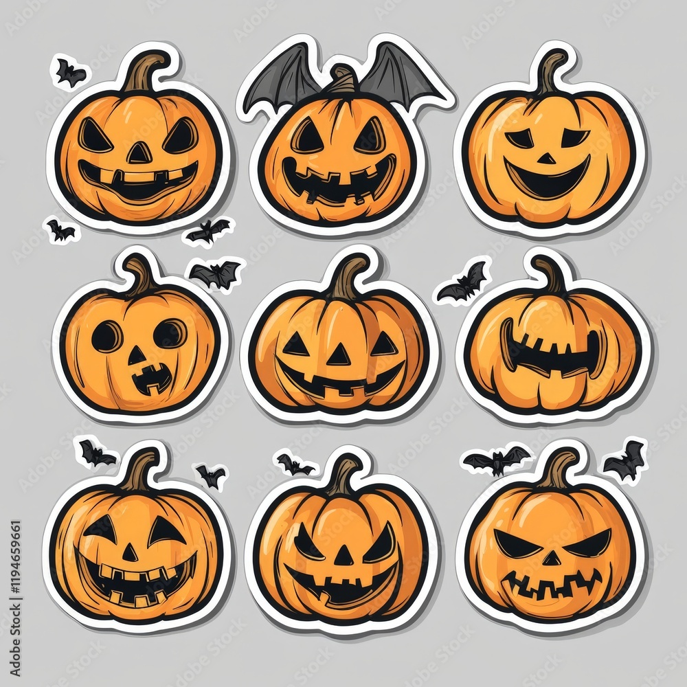 Colorful Collection of Playful Halloween Pumpkin Stickers with Various Expressions and Bat Illustrations Perfect for Festive Decorations and Themed Projects Colorful Collection of Playful Halloween Pumpkin Stickers with Various Expressions and Bat Illustrations Perfect for Festive Decorations and Themed Projects