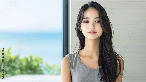 Masterpiece of a 20-year-old Asian girl standing 170cm tall in a modern Airbnb rental. She’s dressed casually in jeans and a t-shirt, framed on the right, with depth added by the window view.  photo