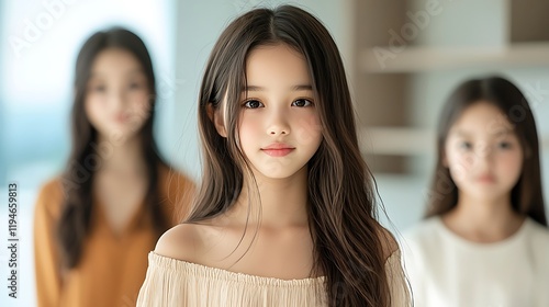 Photo-realistic masterpiece of a young Asian girl, standing 170cm tall in a modern Airbnb room. Her casual outfit and clear room decor create a relaxed, contemporary vibe, with her positioned  photo