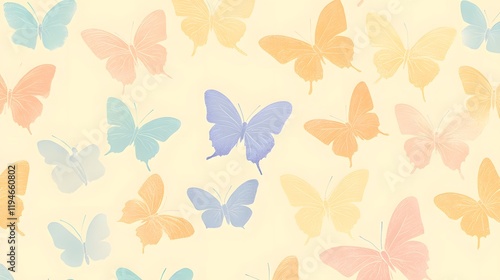25. A whimsical pattern of scattered butterflies in soft pastels on a pale yellow background