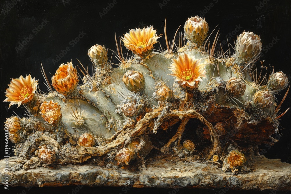 Close-up of a cactus showcasing vibrant orange flowers with rich textures and intricate details. The image exudes a natural elegance and desert resilience. Close-up of a cactus showcasing vibrant orange flowers with rich textures and intricate details. The image exudes a natural elegance and desert resilience.