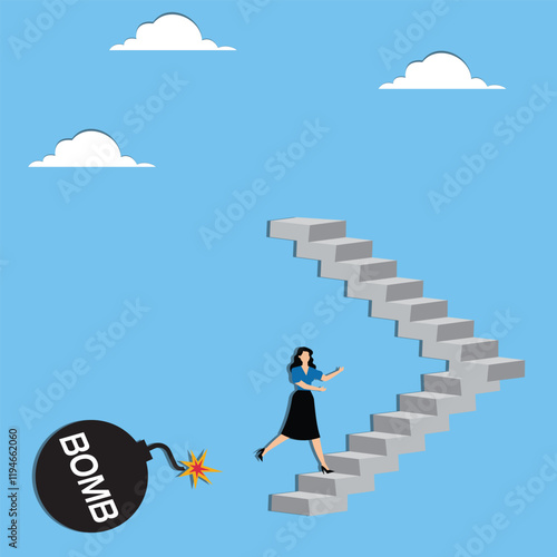 Risk and Crisis Avoidance, Avoiding Investment Risks or Occupational Risks, Staying Out of Harm's Way, Risk Management and Analysis, Businesswomen Climbing Ladders to Stay Away from Bombs