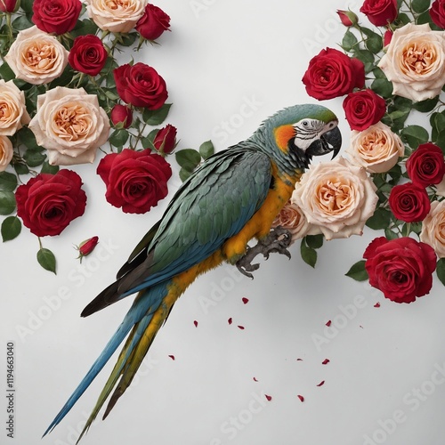 A parrot with a trail of roses leading up to its perch, creating depth and dynamic textures on a bright white surface. photo