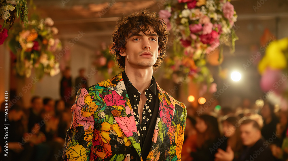 Male model in floral suit, fashion runway background Male model in floral suit, fashion runway background