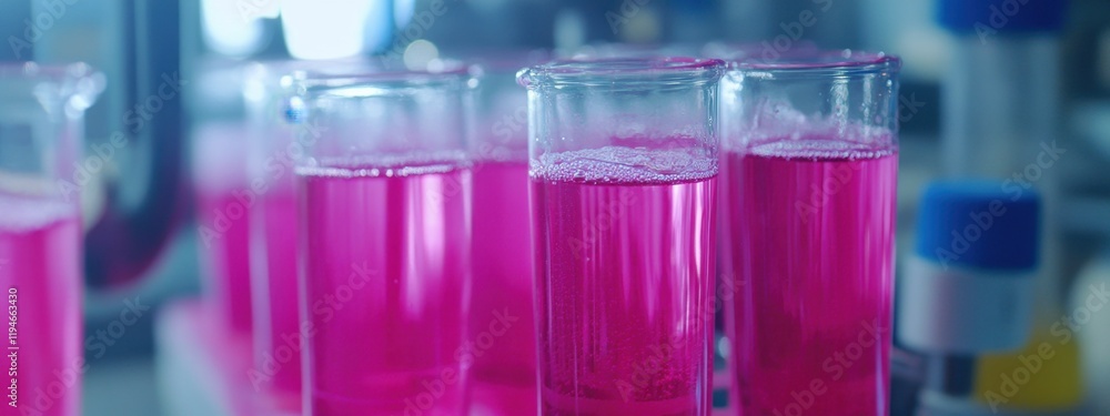 Close-up view of beakers with pink liquid in advanced laboratory, showcasing innovations in sustainable magenta-based packaging solutions Close-up view of beakers with pink liquid in advanced laboratory, showcasing innovations in sustainable magenta-based packaging solutions
