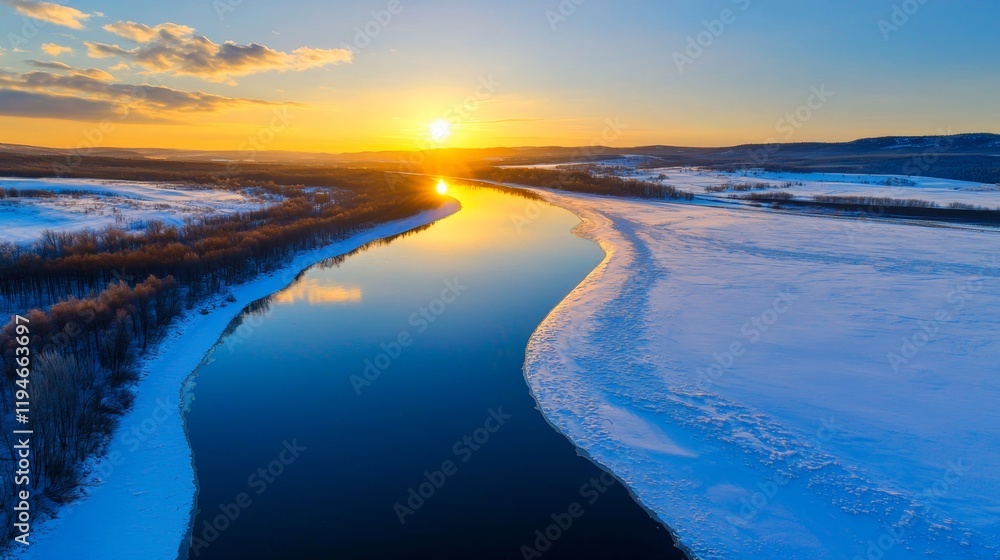 Fototapeta premium Aerial View of Scenic Winter River Under Beautiful Sunset in La